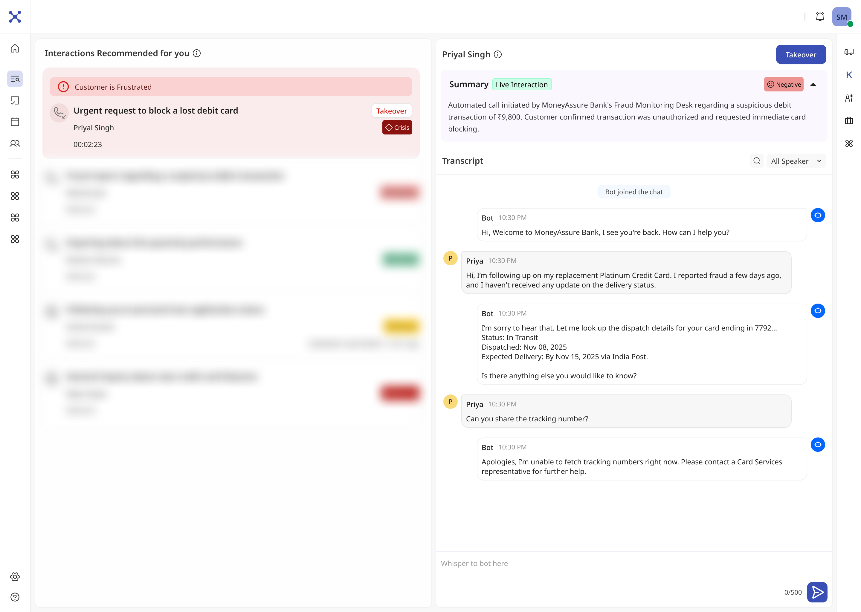Live monitoring — crisis-flagged interaction with takeover, live summary, transcript and whisper to bot